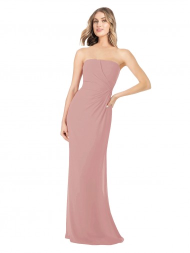 Affordable Draped Strapless Sheath Long Chiffon Bridesmaid Dress