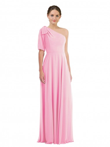 Affordable Bow One Shoulder Flounce Sleeve Maxi Bridesmaid Dress