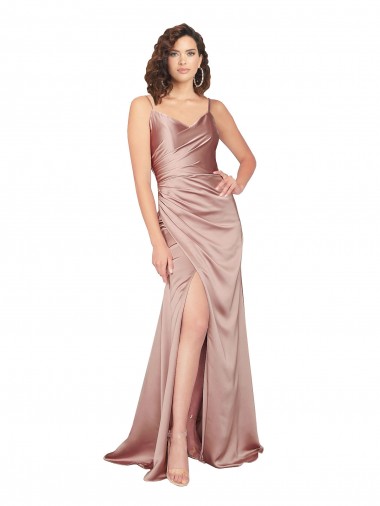 Affordable Floor Length Silky Satin Bridesmaid Dress with Front Skirt Slit