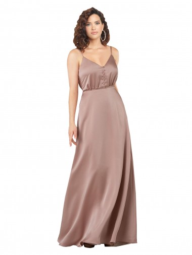 Affordable Subtle V-Neckline Silky Satin Bridesmaid Dress with Front Button Detail
