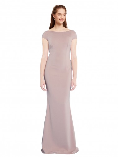 Affordable Boat Neck Cap Sleeve Crepe Bridesmaid Dress with Plunging Tie Back