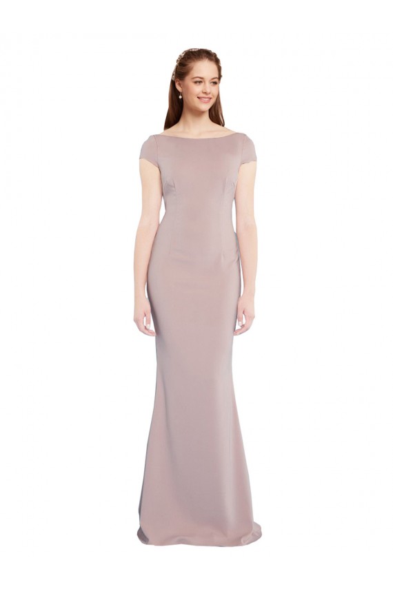 Boat Neck Cap Sleeve Crepe Bridesmaid Dress with Plunging Tie Back