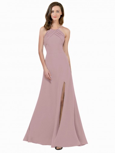Affordable High Neck Crepe Bridesmaid Dress with Pleats and Keyhole Back