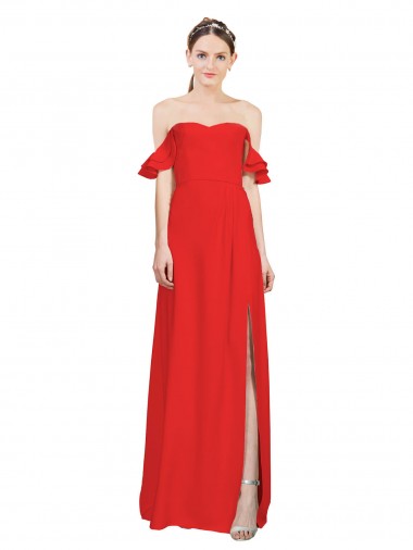 Affordable Double Ruffle Flounce Sleeves Crepe Bridesmaid Dress with Slit