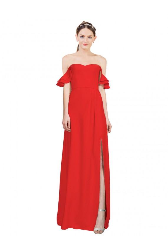 Double Ruffle Flounce Sleeves Crepe Bridesmaid Dress with Slit