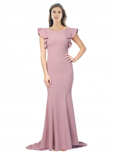Affordable Flutter Sleeves Low V-Back High Round Neck Crepe Bridesmaid Dress