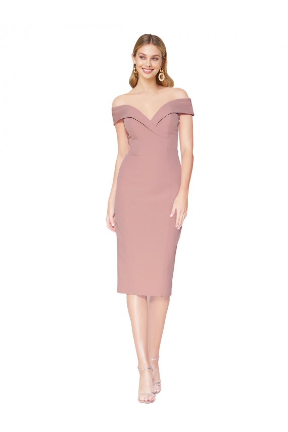 Knee Length Off the Shoulder Sweetheart Crepe Bridesmaid Dress
