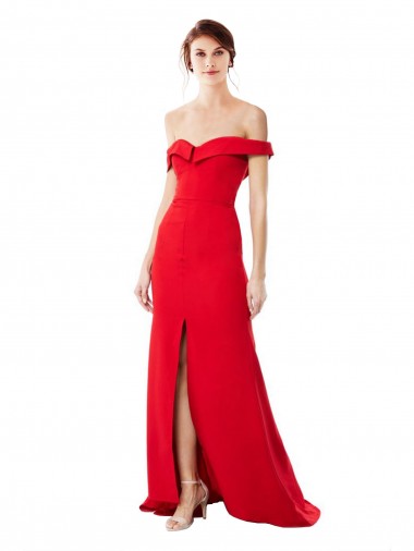 Affordable Off the Shoulder Chapel Train Crepe Bridesmaid Dress with Thigh-High slit