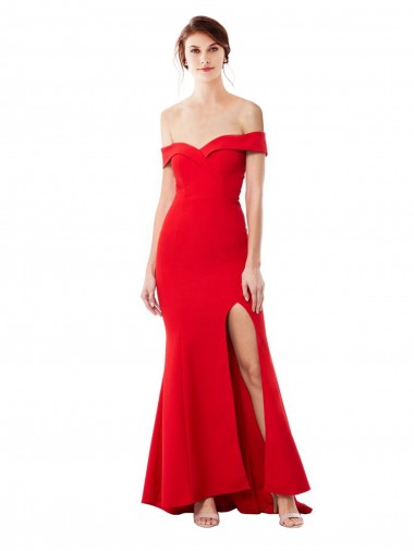 Affordable Off the Shoulder Sweetheart Maxi Crepe Bridesmaid Dress With Thigh Split and Train