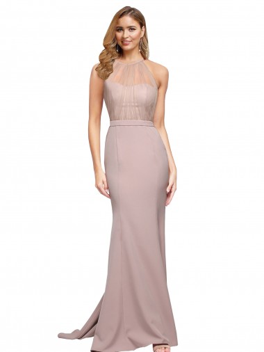 Affordable Long Sweetheart Crepe Bridesmaid Dress with High Neck Illusion Tulle Details